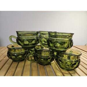 Vintage olive green Indiana Glass King's Crown thumbprint mug or punch. Set Of 8